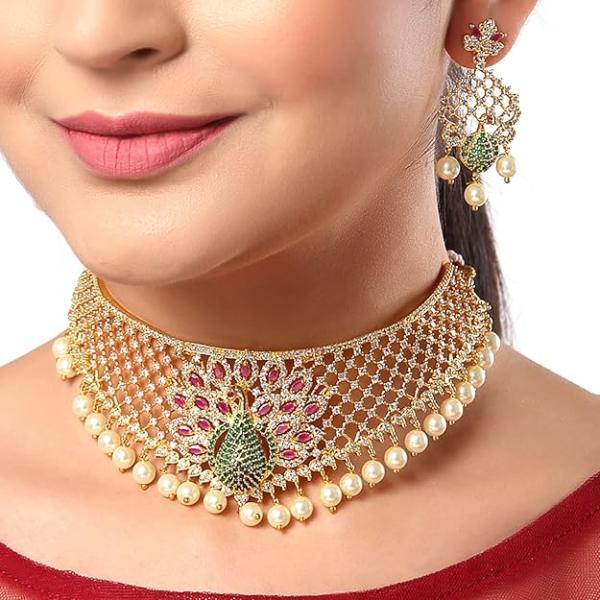 Zenem Gold Plated White & Red American Diamond Studded With Drop Pearl Beaded Jewellery Set For Women & Girl